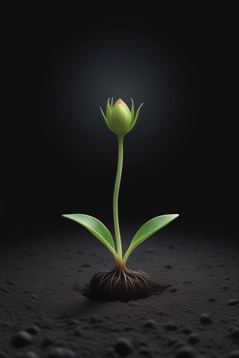 blank pure lightblack backround with one  sprouting seed on the ground at the bottom of the picture, blooming flower，with a thin root system,photorealistic，

minimalist hologram