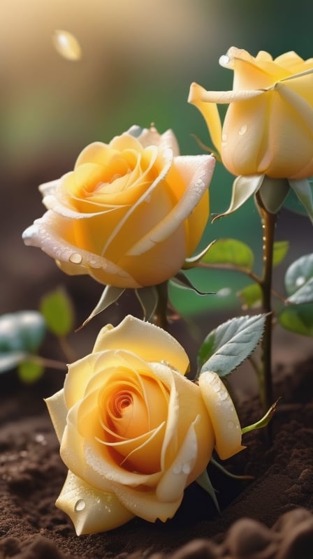 yellow blooming roses growing from the soil,delicate and voluptuous covered by dew in soft brigh light,(falling petals),(blur background),and the petals formed a lovely heart on the ground,
photorealistic

