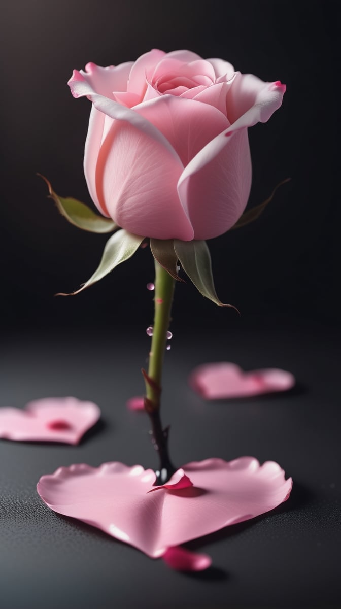 blank pure lightblack backround with one pink blooming rose,(falling petals),blur background, and there are many petals made up a love heart on the ground,with a thin root system,
photorealistic

