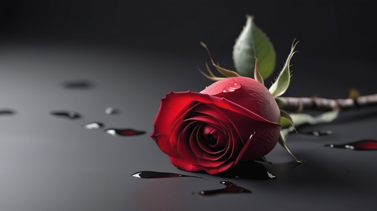 blank pure lightblack backround with one  red blooming rose,the petals are falling on the ground,with a thin root system,
photorealistic，

