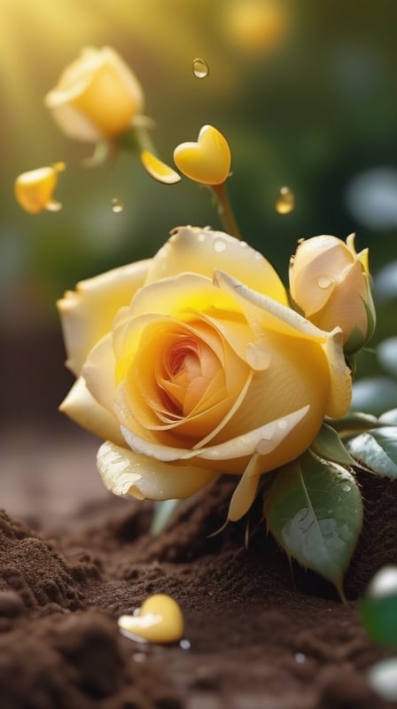 yellow blooming roses grows from the soil,delicate and voluptuous covered with dew in brigh light,(falling petals),(blur background),and the petals formed a lovely heart on the ground,
photorealistic

