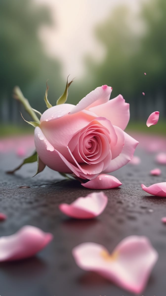 one pink blooming rose,(falling petals),blur background, and the petals formed a heart shape on the ground,
photorealistic

