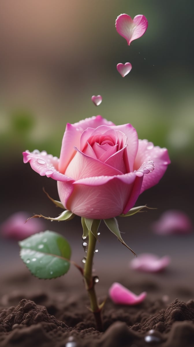  blurred background, a pink rose with 2 leaves sprouting from the soil and covered in dew, vibrant and flawless, (falling petals:1.2),and the petals falling to the ground and formed a heart shape,close-up shot.
photorealistic

