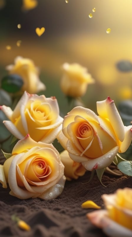 yellow blooming roses grows from the soil,delicate and voluptuous covered by dew in brigh light,(falling petals),(blur background),and the petals formed a lovely heart on the ground,
photorealistic

