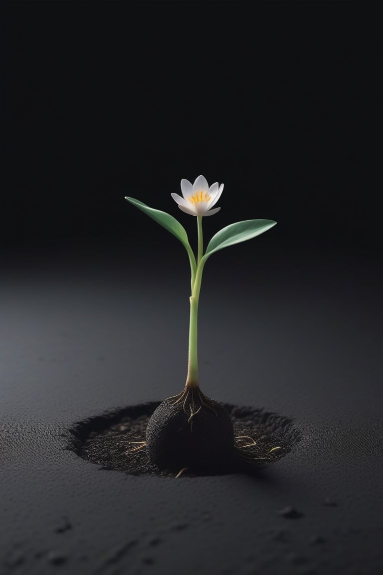 blank pure lightblack backround with one  sprouting seed on the ground at the bottom of the picture, 2 blooming flowers，with a thin root system,photorealistic，

minimalist hologram