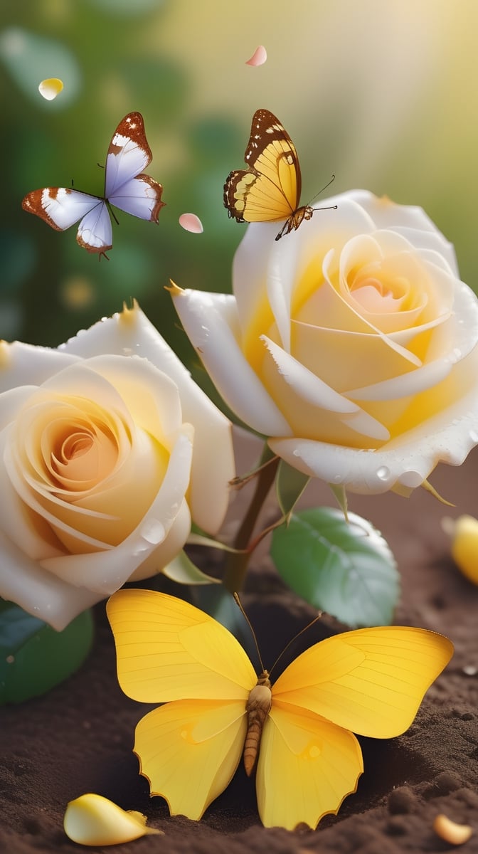 yellow blooming roses growing from the soil,delicate and voluptuous covered by dew in soft brigh light,(falling petals),(blur background),and the petals formed a lovely heart on the ground, little tender butterflies flying around above the roses 
photorealistic

