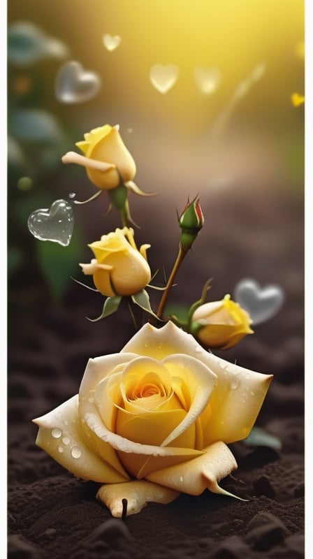 yellow blooming roses grows from the soil,delicate and voluptuous covered by dew in brigh light,(falling petals),(blur background),and the petals formed a lovely heart on the ground,
photorealistic

