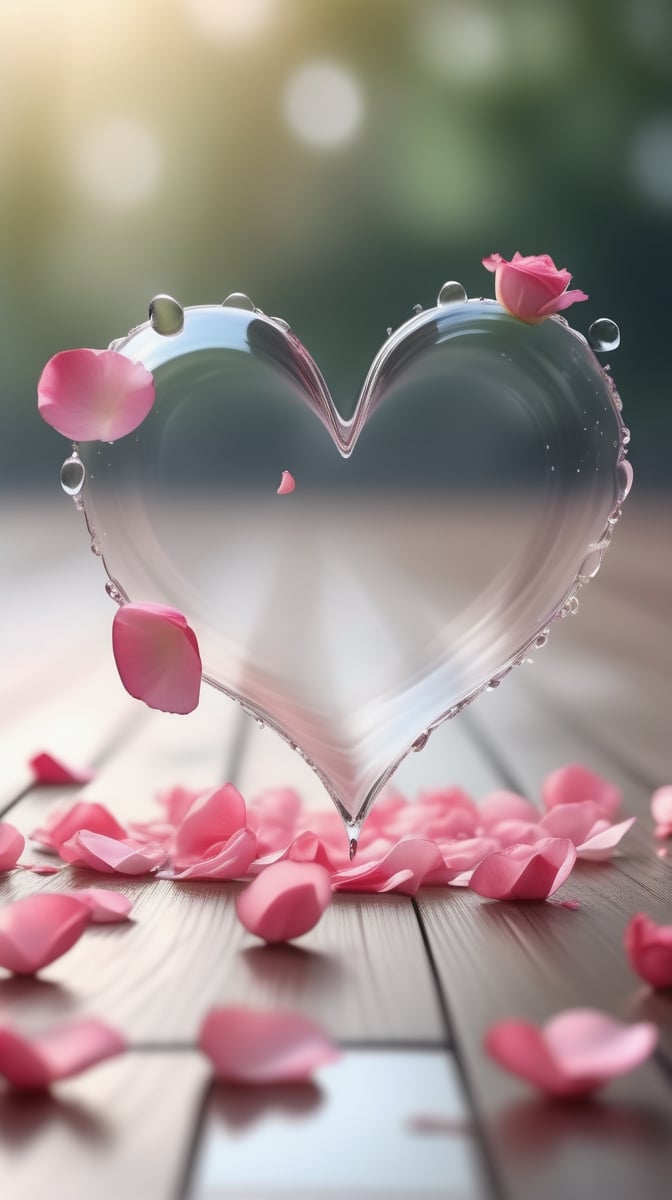 blank pure empty transparent backround with one pink blooming rose,(falling petals),blur background, and the petals formed a heart shape on the ground,
photorealistic

