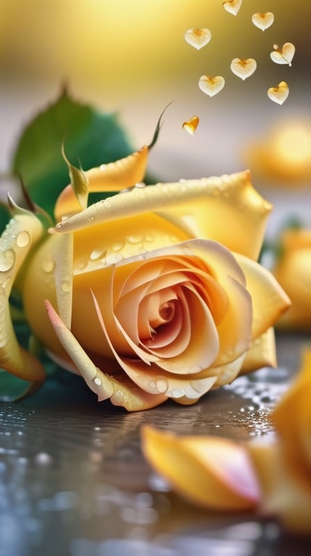 yellow blooming roses  ,delicate and voluptuous covered by dew in brigh light,(falling petals),(blur background),and the petals formed a lovely heart on the ground,
photorealistic

