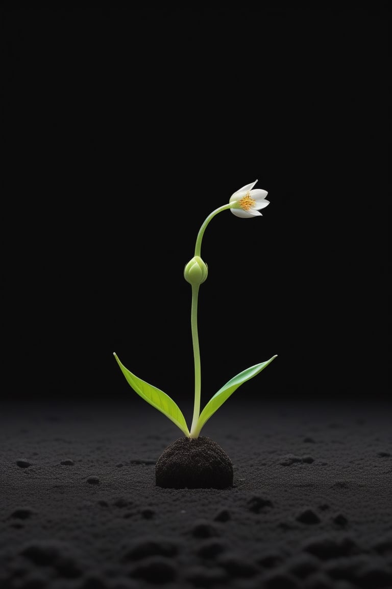 blank pure lightblack backround with one  sprouting seed on the ground at the bottom of the picture, 2 blooming flowers，with a thin root system,photorealistic，

minimalist hologram