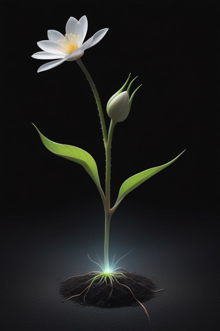 blank pure lightblack backround with one  sprouting seed on the ground at the bottom of the picture, 2 blooming flowers，with a thin root system,photorealistic，

minimalist hologram