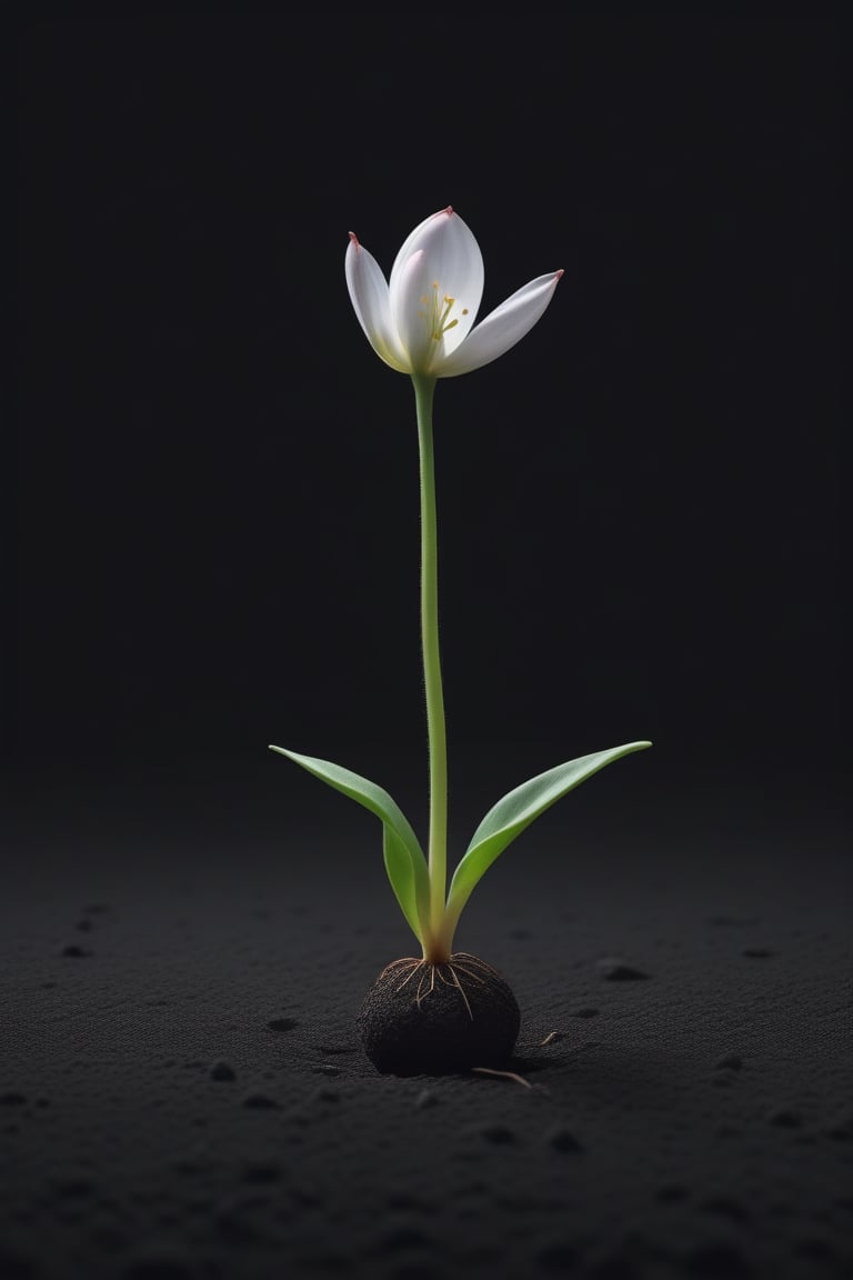 blank pure lightblack backround with one  sprouting seed on the ground at the bottom of the picture, blooming flower，with a thin root system,photorealistic，

minimalist hologram