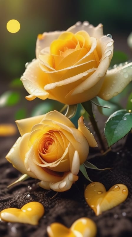 yellow blooming roses grows from the soil,vibrant and dripping with dew like a virgin beauty,(falling petals),(blur background),and the petals formed a lovely heart on the ground,
photorealistic

