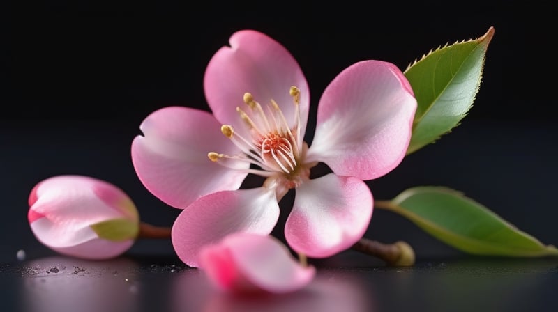 tender crabapple flower and buds,
,delicate and voluptuous covered by drew in morning  soft brigh light,(falling petals),(blur pure simple lightblack background), a lovely heart made by petals on the ground,

realistic,photo_(medium),photorealistic

