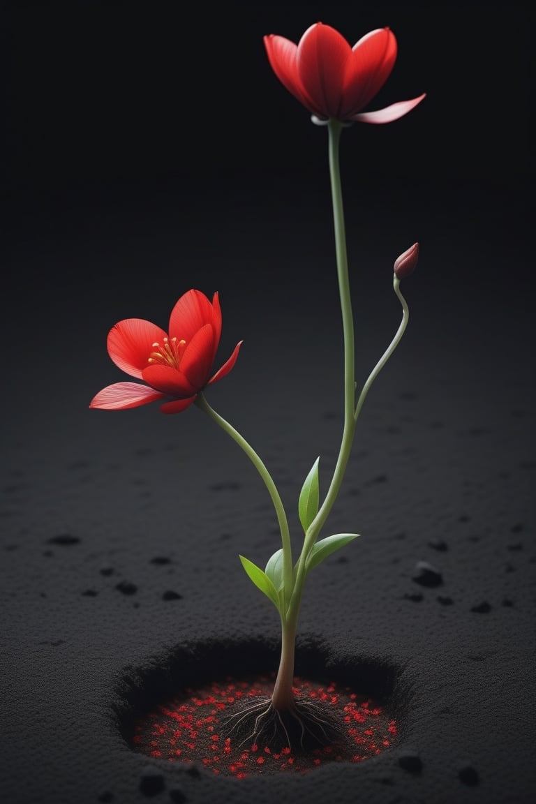 blank pure lightblack backround with one  sprouting seed on the ground at the bottom of the picture, 2 red blooming flowers，with a thin root system,photorealistic，

minimalist hologram