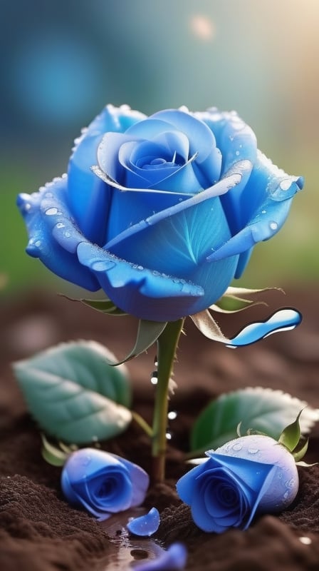 blue blooming roses growing from the soil,delicate and voluptuous covered by dew in soft brigh light,(falling petals),(blur background),and the petals formed a lovely heart on the ground,
photorealistic

