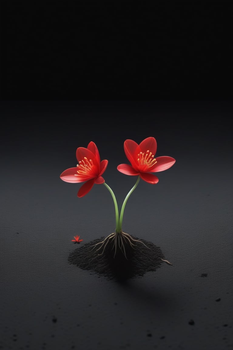 blank pure lightblack backround with one  sprouting seed on the ground at the bottom of the picture, 2 red blooming flowers，with a thin root system,photorealistic，

minimalist hologram