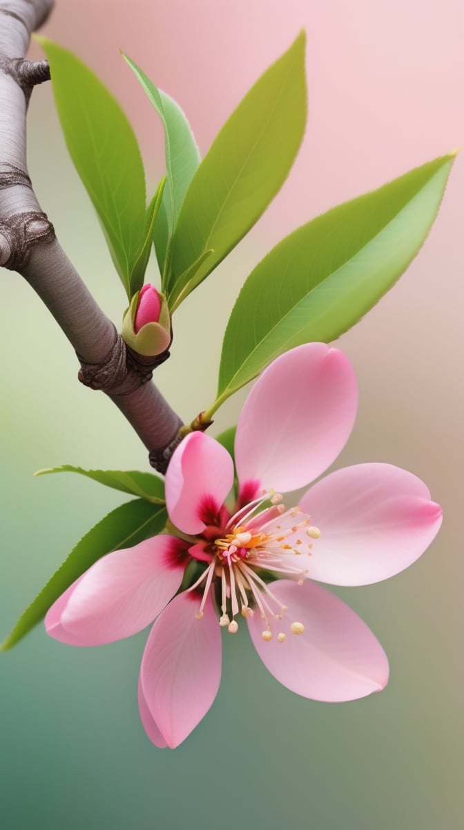 a peach tree branch with one pink flower and one bud, simple pure blank background,colorful, high contrast, detailed flower petals, green leaves, soft natural lighting, delicate and intricate branches, vibrant and saturated colors, high resolution,realistic,masterfully captured,macro detail beautiful 

