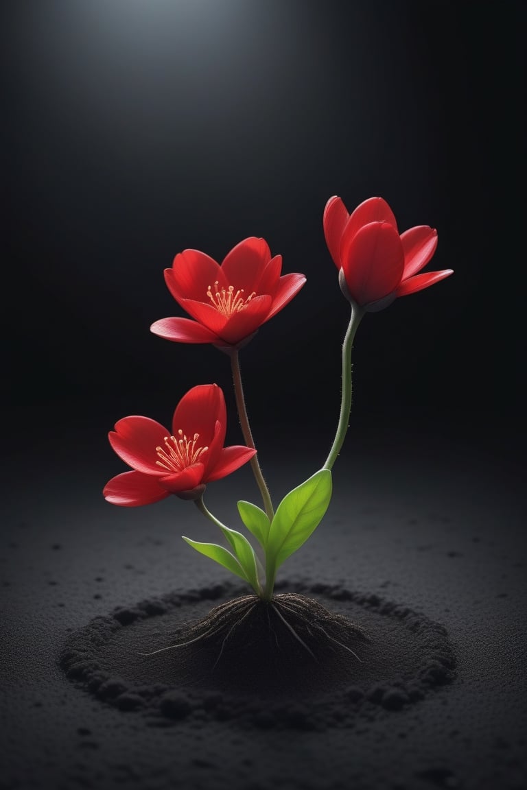 blank pure lightblack backround with one  sprouting seed on the ground at the bottom of the picture, 2 red blooming flowers，with a thin root system,photorealistic，

minimalist hologram