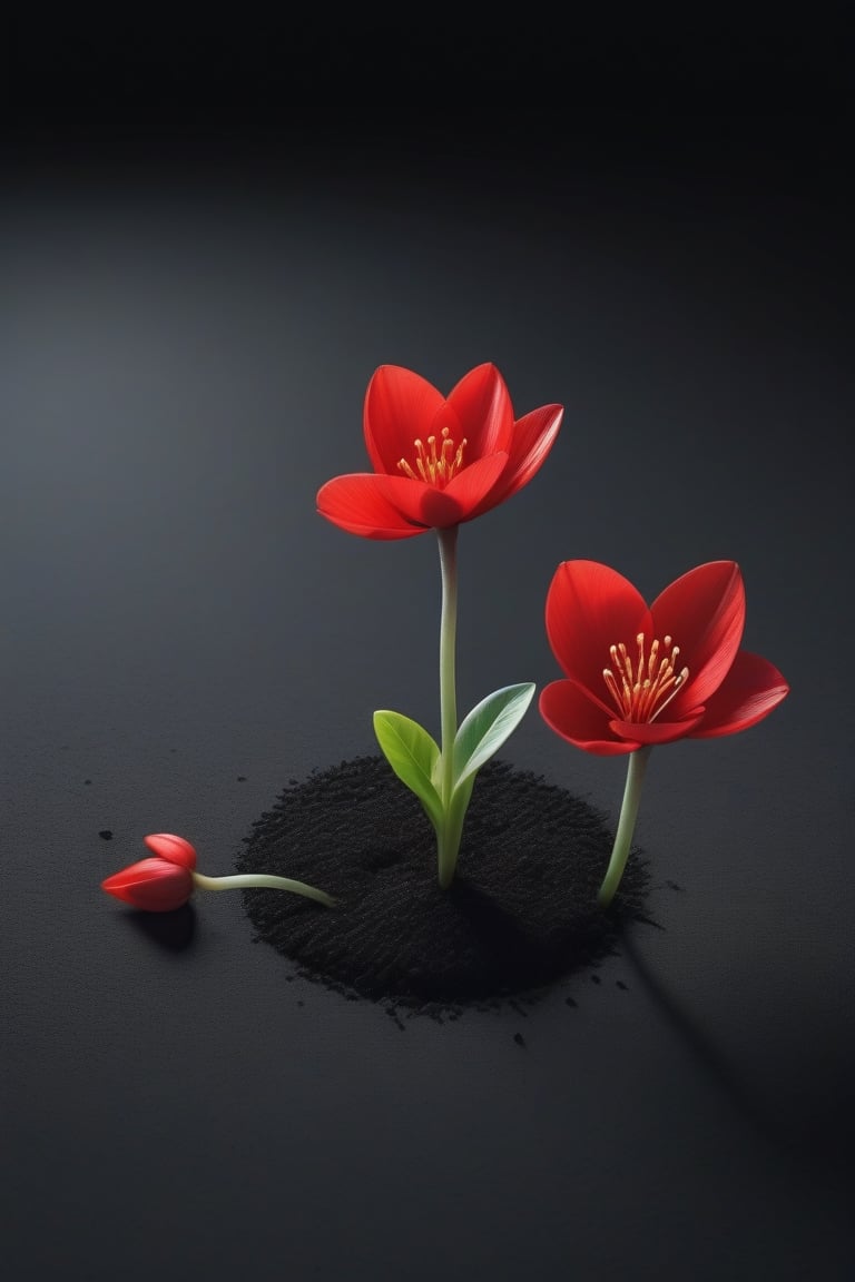 blank pure lightblack backround with one  sprouting seed on the ground at the bottom of the picture, 2 red blooming flowers，with a thin root system,photorealistic，

minimalist hologram