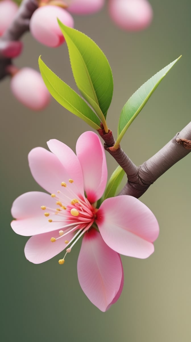 a peach tree branch with one pink flower and one bud, simple pure blank background,colorful, high contrast, detailed flower petals, green leaves, soft natural lighting, delicate and intricate branches, vibrant and saturated colors, high resolution,realistic,masterfully captured,macro detail beautiful 

