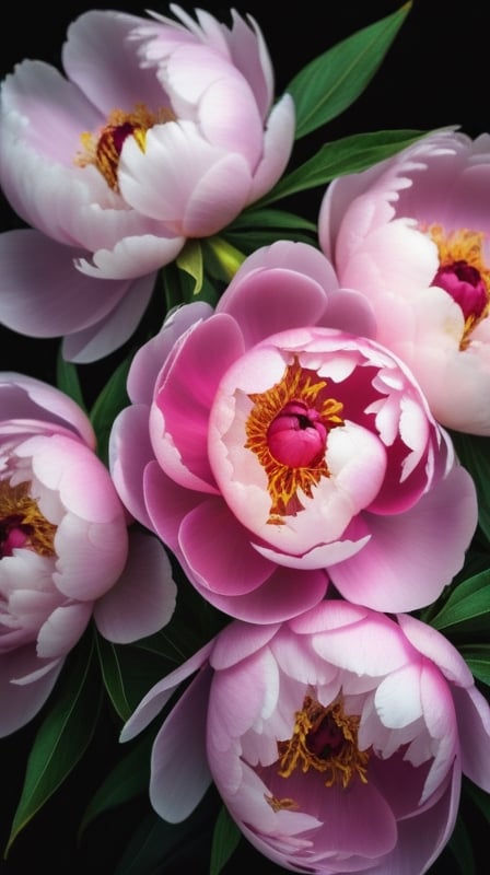 a bunch of peony flowers, colorful, high contrast, detailed, soft natural lighting, vibrant and saturated colors, full display 

high resolution,realistic,masterfully captured,macro detail beautiful 

