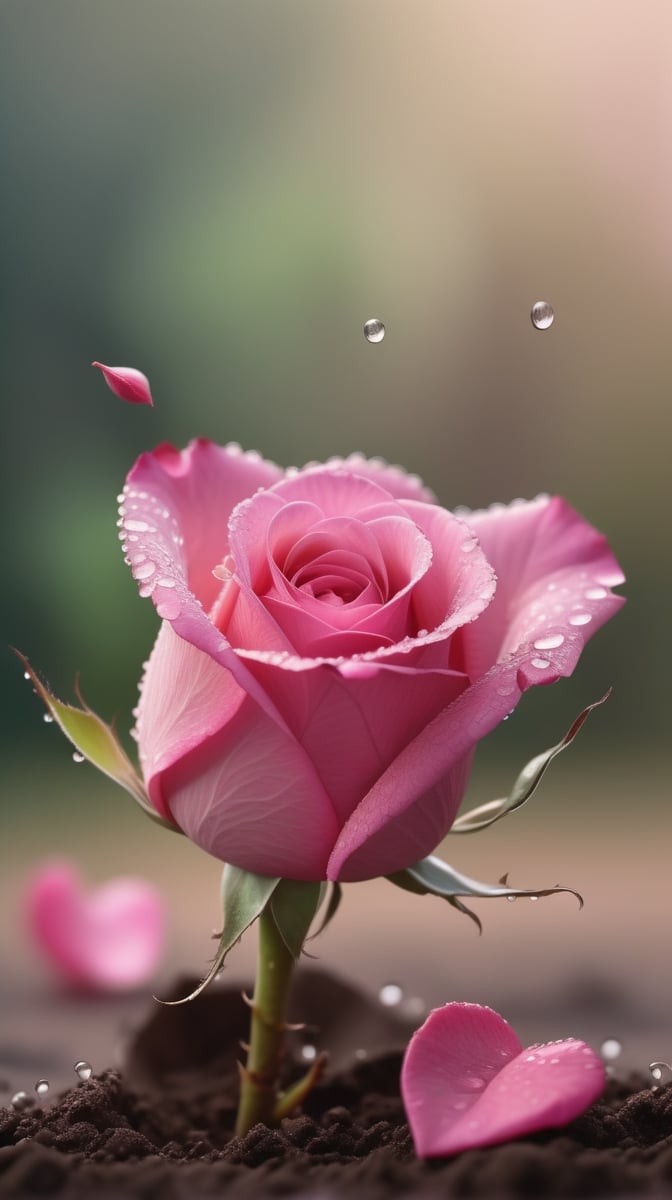  blurred background, a pink rose with 2 leaves sprouting from the soil and covered in dew, vibrant and flawless, (falling petals:1.2),and the petals falling to the ground and formed a heart shape,close-up shot.
photorealistic

