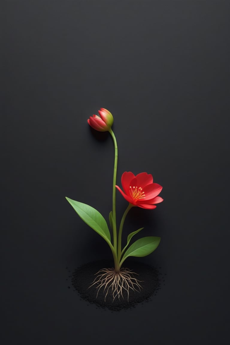 blank pure lightblack backround with one  sprouting seed on the ground at the bottom of the picture, 2 red blooming flowers，with a thin root system,photorealistic，

minimalist hologram