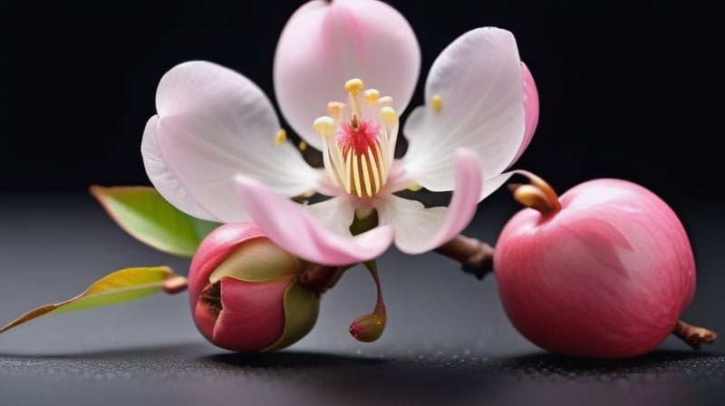 tender crabapple flower and buds,
,delicate and voluptuous covered by drew in morning  soft brigh light,(falling petals),(blur pure simple lightblack background), a lovely heart made by petals on the ground,

realistic,photo_(medium),photorealistic

