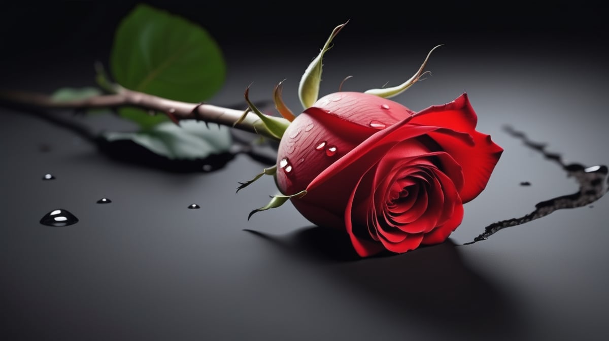 blank pure lightblack backround with one  red blooming rose,the petals are falling on the ground,with a thin root system,
photorealistic，

