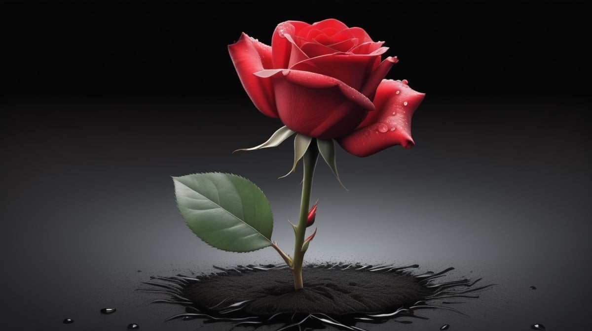 blank pure lightblack backround with one  red blooming rose,the petals are falling on the ground,with a thin root system,
photorealistic，

