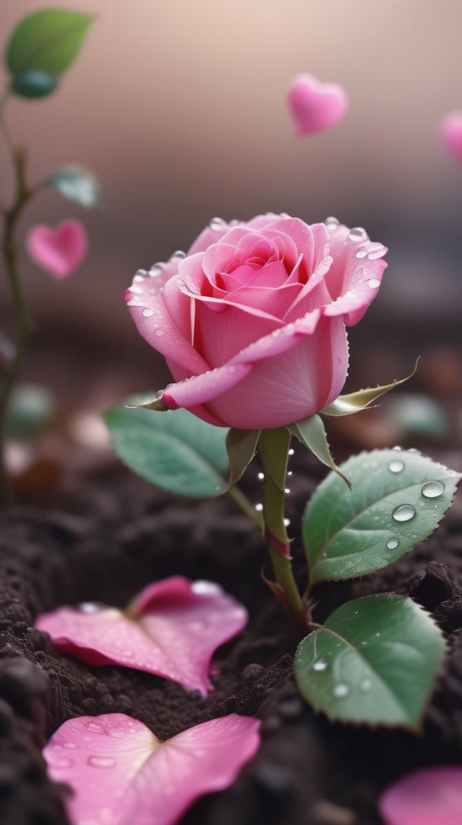  blurred background, a pink rose with 2 leaves sprouting from the soil and covered in dew, vibrant and flawless, (falling petals :1.2), petals falling to the ground and formed a heart shape,close-up shot.
photorealistic

