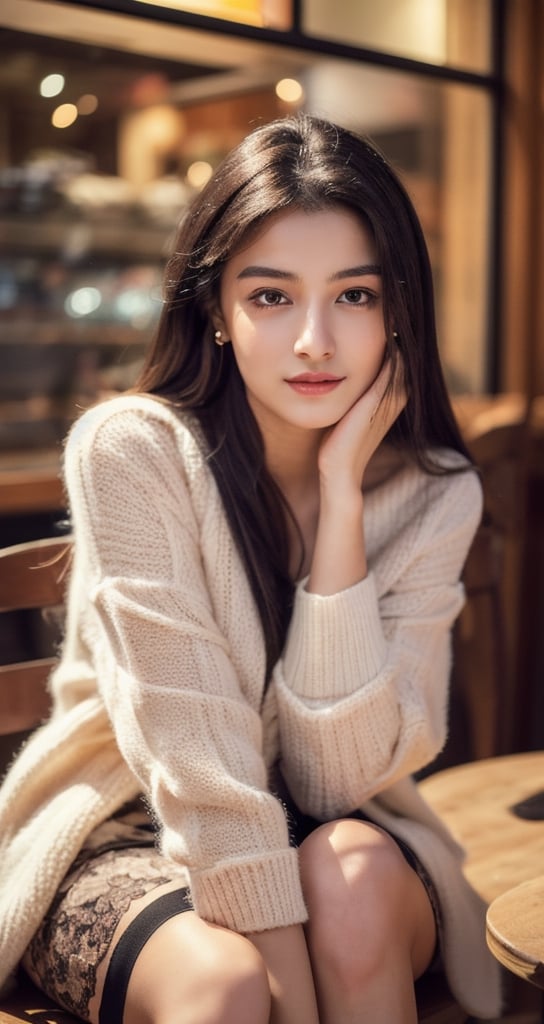  1girl,8k wallpaper,extremely detailed figure, amazing beauty, detailed characters, {detailed background},aestheticism, sitting, winter long brownish hair, coffee shop, corner, coat, scarf, medium breasts, light brown hair, beautiful eyes, emotionless, obedient, obedient, thick eyebrows, small nose, full lips, long eyelashes, delicate neck, slender shoulders, bare arms,  smooth skin, rosy cheeks,  warm, cozy, comfortable, relaxed, calm, quiet, peaceful, serene, contemplative, close-up, best quality, amazing quality, very aesthetic, ,1 girl (masterpiece), 1girl, long hair, beautiful cute young attractive indian girl, 25 years old, cute, Instagram model, long realistic black hair, look like south movie actress, Indian,Indian Cute Girl,Indian Model, full body view