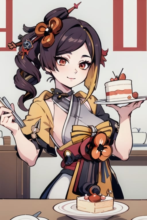 1girl, solo, amber (genshin impact), genshin impact, artist:[Nyantcha], posing, holding a plate with a cake, smiling, chinese restaurant background, liyue, v4x,chiori