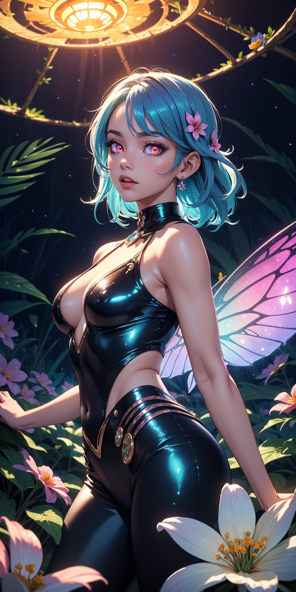 (masterpiece, best quality, extremely high resolution, aesthetic, 8K), cowboy shot from front, a beautiful cute elegant fae, seductive, sexy, (she has beautiful detailed colorful nebula glowing fae wings:1.2), (she is in a colorful vibrant fantastical magical forrest:1.3), (glowing colorful magical flowers:1.5), (beautiful glowing eyes:1.4), looking at viewer, beautiful blue sky, (godrays:1.3) shining through the top trees, mystical lighting, (translucent, iridescent:1.3), (translucent clothes:1.4), vibrant Colors, rich colors,