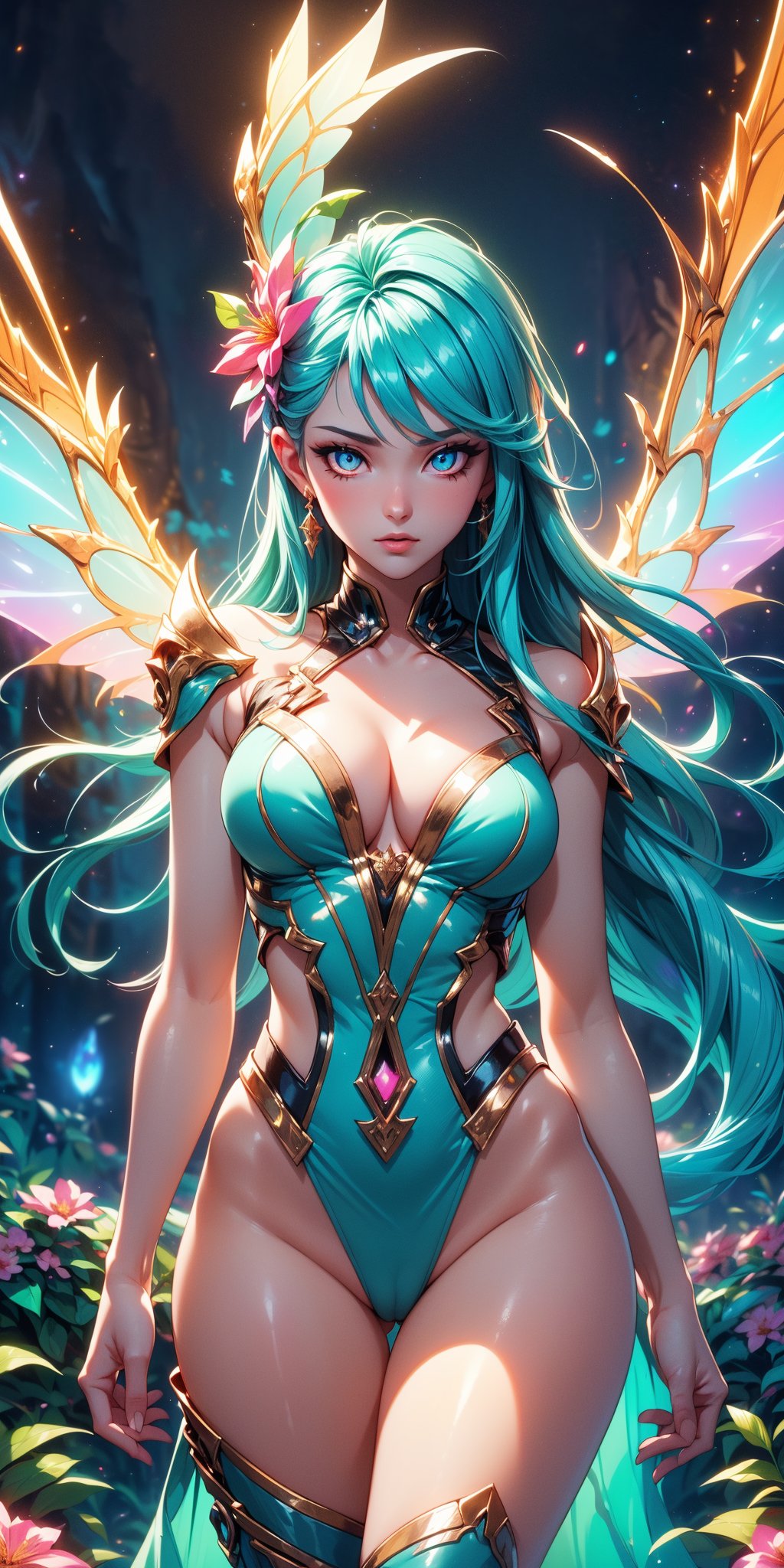 (masterpiece, best quality, extremely high resolution, aesthetic, 8K), cowboy shot from front, a beautiful cute elegant fae, seductive, sexy, (she has beautiful detailed colorful nebula glowing fae wings:1.2), ((exposed pussy, bare pussy:1.2)), (she is in a colorful vibrant fantastical magical forrest:1.2), (glowing colorful magical flowers:1.4), (beautiful glowing eyes:1.3), looking at viewer, beautiful blue sky, (godrays:1.3) shining through the top trees, mystical lighting, (translucent, iridescent:1.3), (translucent clothes:1.4), vibrant Colors, rich colors,1 girl,Colors