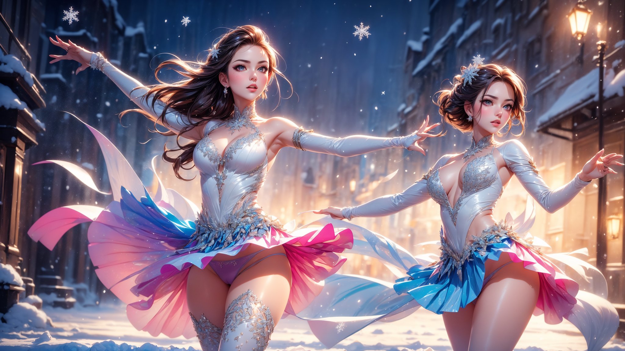 (masterpiece, best quality, extremely high resolution, aesthetic, 8K), cowboy shot, a beautiful elegant woman, ice skater, she is ice skating, (skirt, panties:1.3), it is snowing, detailed snowflakes in the air, (she is doing elegant graceful pirouettes:1.5), cameltoe, 1 girl, looking at viewer, Colors, perfect hands, better_hands, 