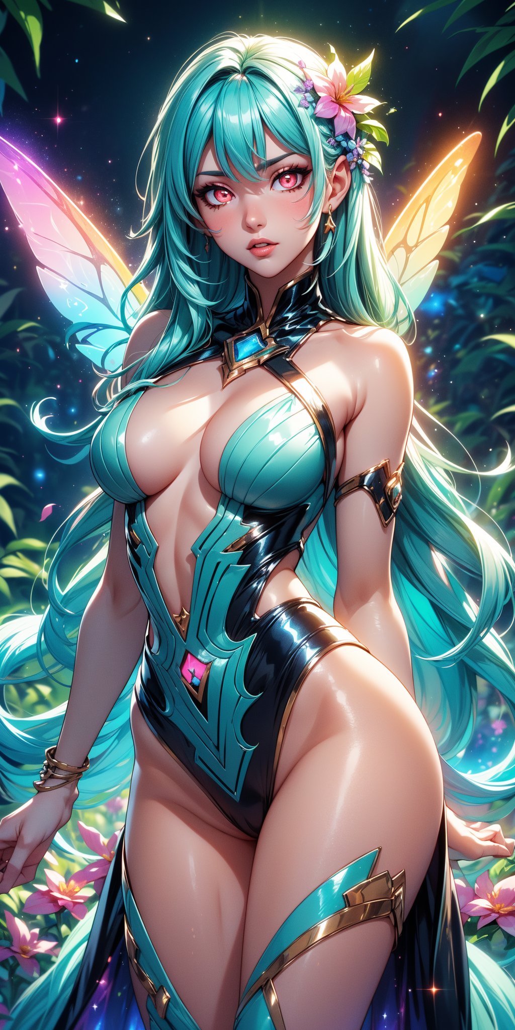 (masterpiece, best quality, extremely high resolution, aesthetic, 8K), cowboy shot from front, a beautiful cute elegant fae, seductive, sexy, (she has beautiful detailed colorful nebula glowing fae wings:1.2), ((exposed pussy, bare pussy:1.2)), (she is in a colorful vibrant fantastical magical forrest:1.2), (glowing colorful magical flowers:1.4), (beautiful glowing eyes:1.3), looking at viewer, beautiful blue sky, (godrays:1.3) shining through the top trees, mystical lighting, (translucent, iridescent:1.3), (translucent clothes:1.4), vibrant Colors, rich colors,1 girl,Colors