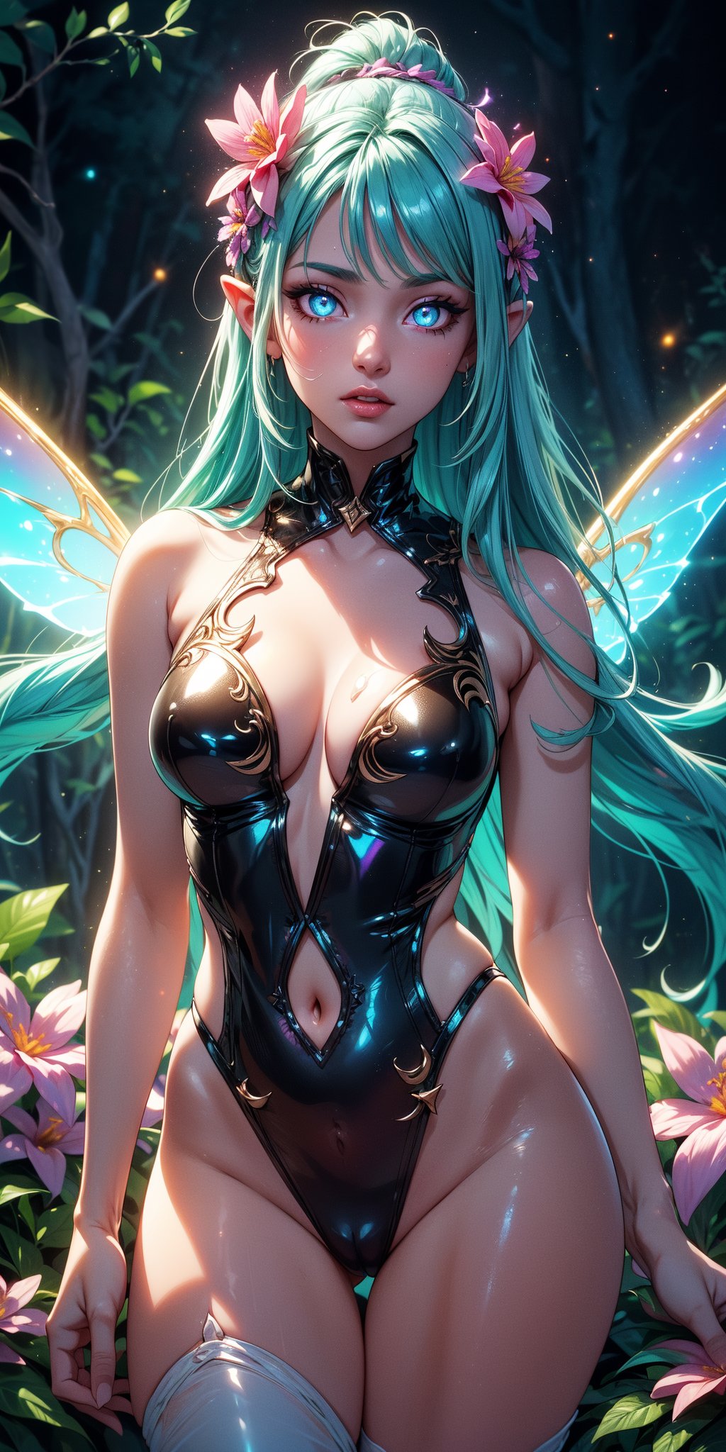 (masterpiece, best quality, extremely high resolution, aesthetic, 8K), cowboy shot from front, a beautiful cute elegant fae, seductive, sexy, (she has beautiful detailed colorful nebula glowing fae wings:1.2), ((exposed pussy, bare pussy:1.2)), (she is in a colorful vibrant fantastical magical forrest:1.2), (glowing colorful magical flowers:1.4), (beautiful glowing eyes:1.3), looking at viewer, beautiful blue sky, (godrays:1.3) shining through the top trees, mystical lighting, (translucent, iridescent:1.3), (translucent clothes:1.4), vibrant Colors, rich colors,1 girl