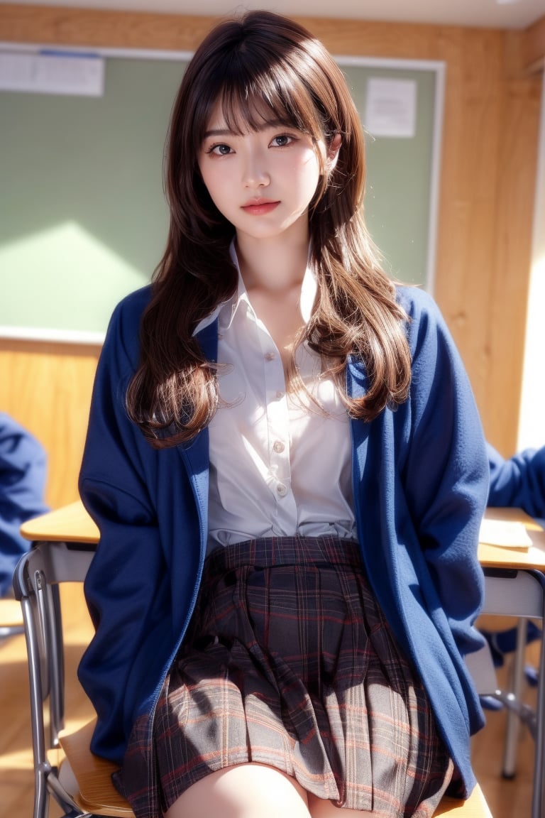 background is high school classroom,1 girl, 18 yo, beautiful girl, korean girl,sitting on chair,wearing school uniform(dark blue jacket and brown check pattern skirt),happy laugh,
solo, {beautiful and detailed eyes}, dark eyes, calm expression, delicate facial features, ((model pose)), Glamor body type, slim waist,(dark hair),long Bright wavy hair,very_long_hair, hair past hip,long straight hair,long ponytail,bangs,pale skin,detailed skin,hairpins, flim grain, realhands, masterpiece, Best Quality, 32k, high contrast,vivid color,photorealistic, ultra-detailed, finely detailed, high resolution, perfect dynamic composition, beautiful detailed eyes, sharp-focus, cowboy_shot, ,3D,GIRL,REAL,Real