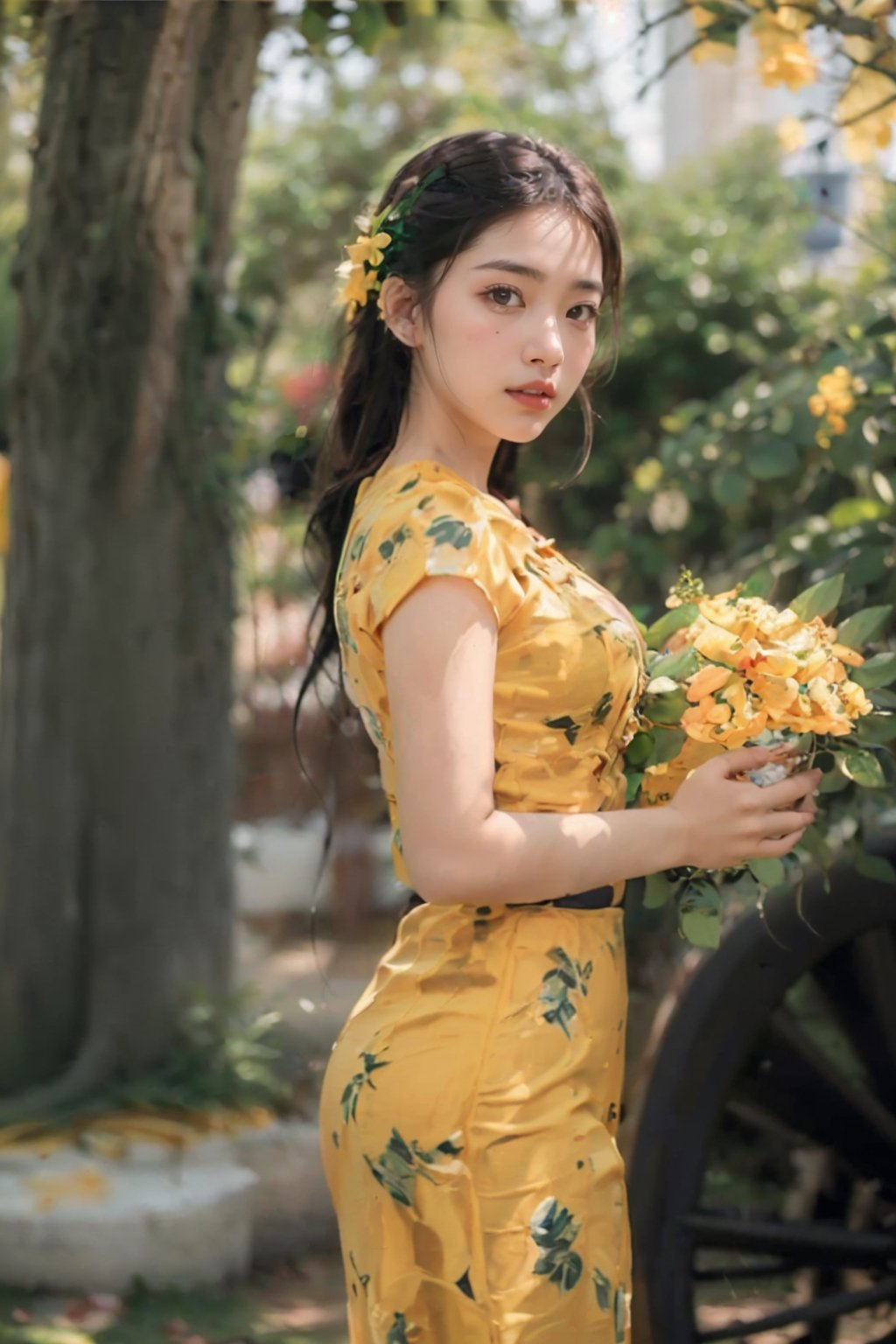 1girl, solo, flower, standing, jewelry, black hair, looking at viewer, white floral print, dress, hair ornament, mm_thingyan,masterpiece,realistic,absurdres, high quality, green garden with flowers background 
