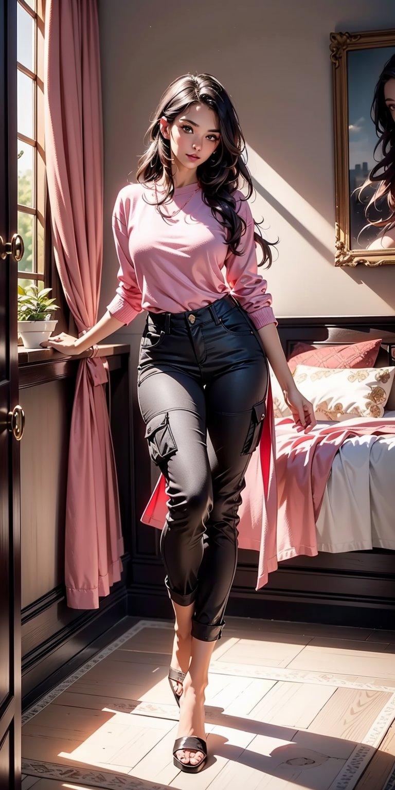 A beautiful woman with long, flowing hair strikes a sexy pose, showcasing her slim body.  She stands in a lavish, detailed bedroom with elegant furniture, silk curtains, and a plush bed adorned with decorative pillows, all captured in high quality and realistic detail.  perfect light and shadows, detailed textures, she is wearing Pink Multi-Pocket Cargo Pants