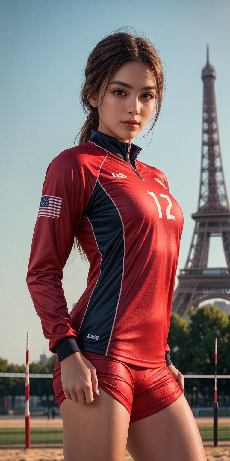 A stunning female athlete, dressed in a sleek United States Association (UAS) volleyball team uniform, stands confidently before the camera, her gaze directly addressing the viewer. Soft golden light illuminates her radiant features, set against the iconic Eiffel Tower backdrop, symbolizing the 2024 Paris Olympic Games.