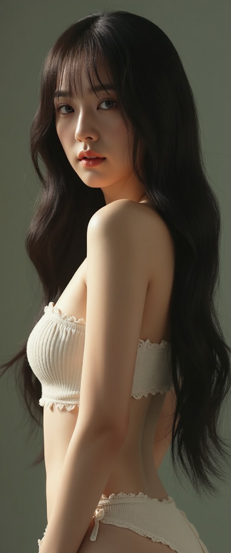 award winning photograph, (realistic, masterpiece:1.4), gorgeous sexy Korean woman, Black hair, long hair, bangs,  feminine , slender body, standing and looking at the viewer,   perfect natural lighting, sensual , realistic skin texture,ct-virtual