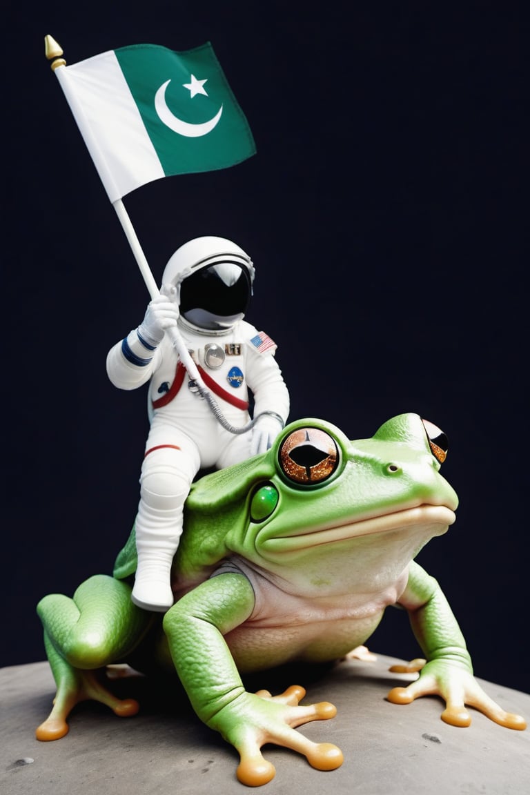 an astronaut human riding a massive frog holding a flag of Pakistan.