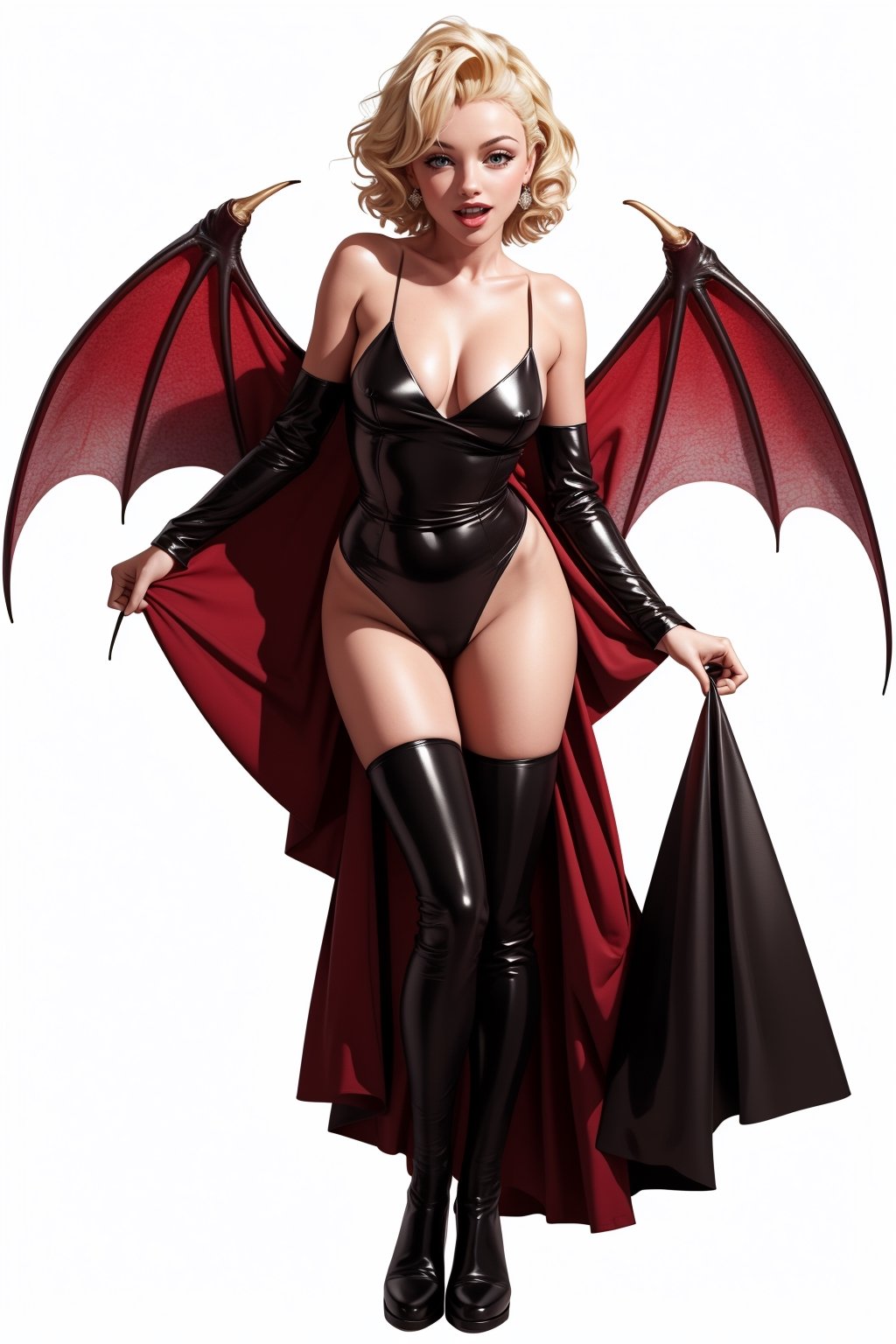 a girl ,Marilyn Monroe's classic hairstyle,perfect body,full-body_portrait,Vampire costume with fangs exposed,white background
