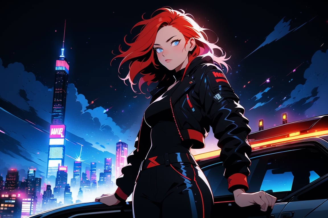 (masterpiece:1.1), (highest quality:1.1), (HDR:1.0), a sexy young beautiful Norwegian woman with chestnut shoulder-length red hair,wearing a black motorcycle jacket, black leather pants,  white Nike Air Force sneakers,standing on the roof of a New York taxi, the car is parked on the rooftop of a high-rise building in New York, the night is sultry,ultra- detailed,YANG,Female,hmnc1,BJ_Violent_graffiti,midjourney, sneakers:1.0,High detailed ,portrait,(best quality,Yandere girl,1girl,blacklight,CLOUD, nebula eyes:1.5,neon,r1ge