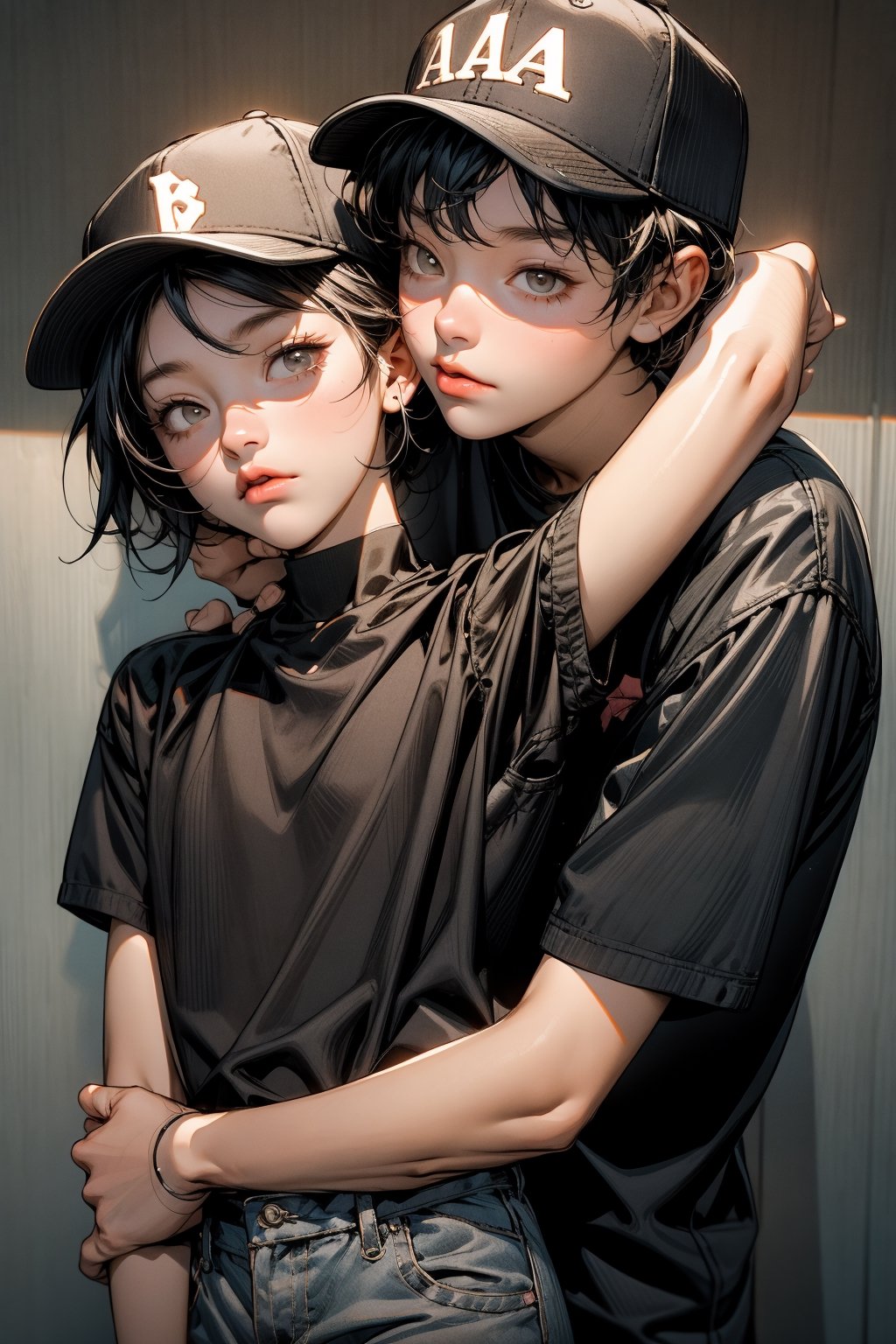 1boy and 1girll,the boy is hugging up the girl,the boy is wearing  a black baseball cap,11 years old,music boy,clever,1girl,11 years old,the girl is no cao,the boy is  13 years old,full body,face to face,brust,