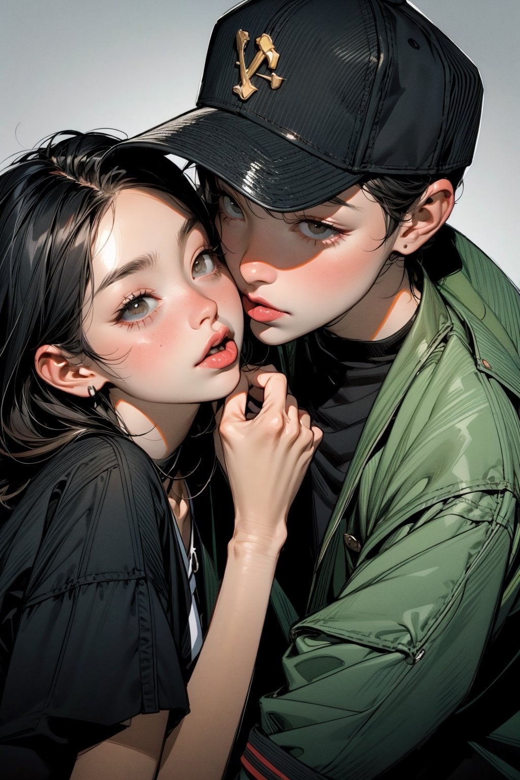 1boy and 1girll,the boy is hugging up the girl,the boy is kissing the girl,the boy is wearing  a black baseball cap,11 years old,music boy,clever,1girl,11 years old,the girl is no cao,the boy is  13 years old,full body,face to face,brust,the boy's  tongue is  sticking out into the girl's mouth,