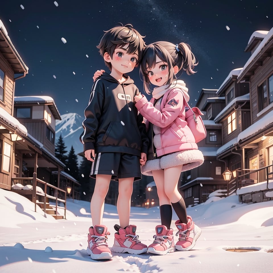 1Boy and 1Girl, 3d, art natural gently mountain , creating a magical city scene that celebrates the artistry  stand hug together , heavy snow ,night,winter  background,masterpiece,best quality,8K,pencil skirt,official art,ultra high res,1girl  and 1boy,1girl wearing winter clothes  11 years old is hugging 1 boy wearing black Tshirt 12 years old,face to face,,elder brother and sister,the girl's shoes leave ground,legs cirle boy's neck.the boy stand up,